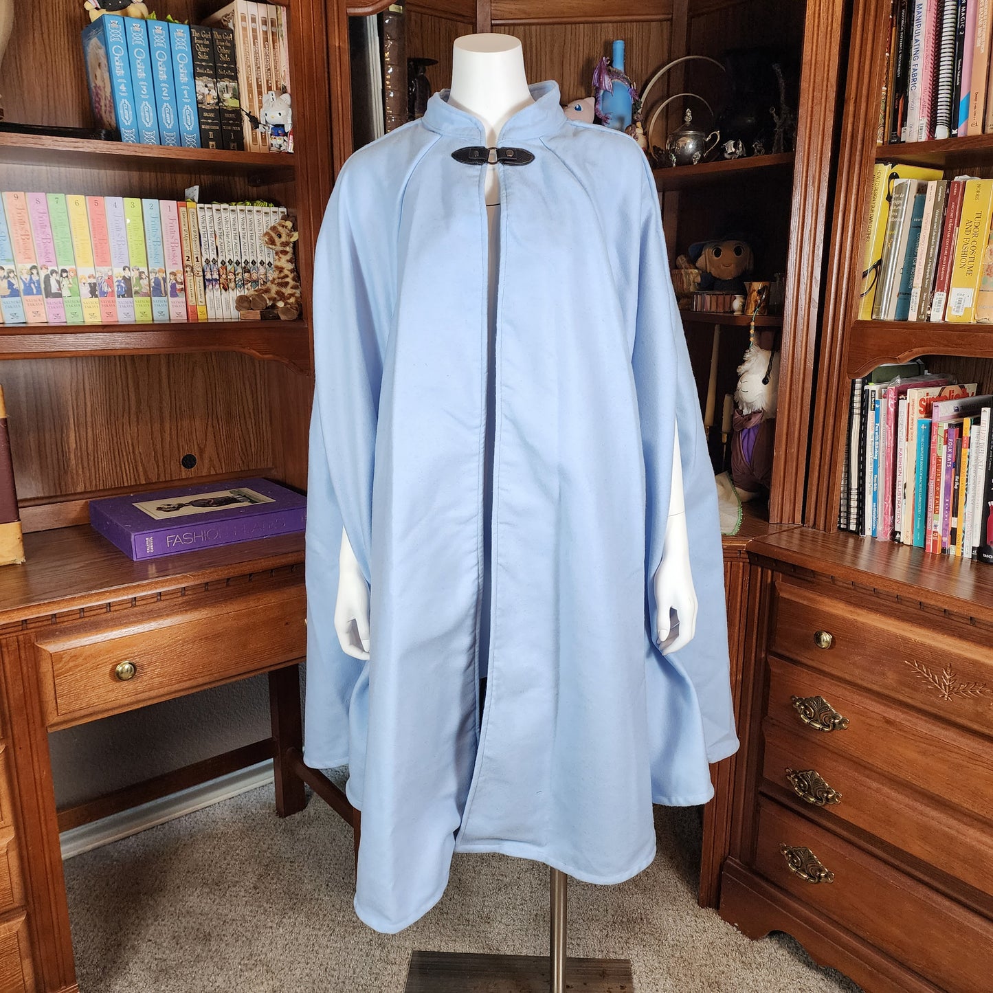 Market Day Cape- Sky Blue Mid-Length Cape with Collar and Arm Slits