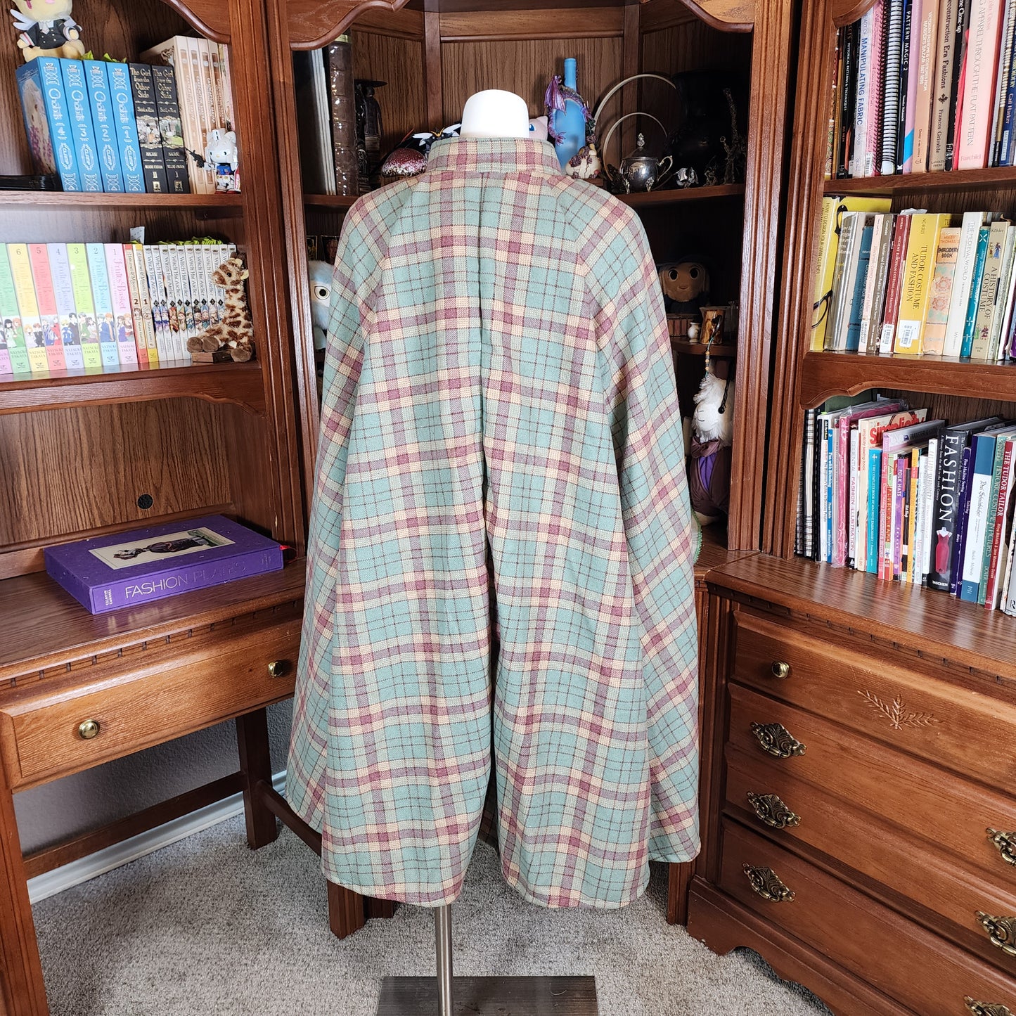 Market Day Cape- Sage Plaid Wool Blend Mid-Length Cape with Collar and Arm Slits