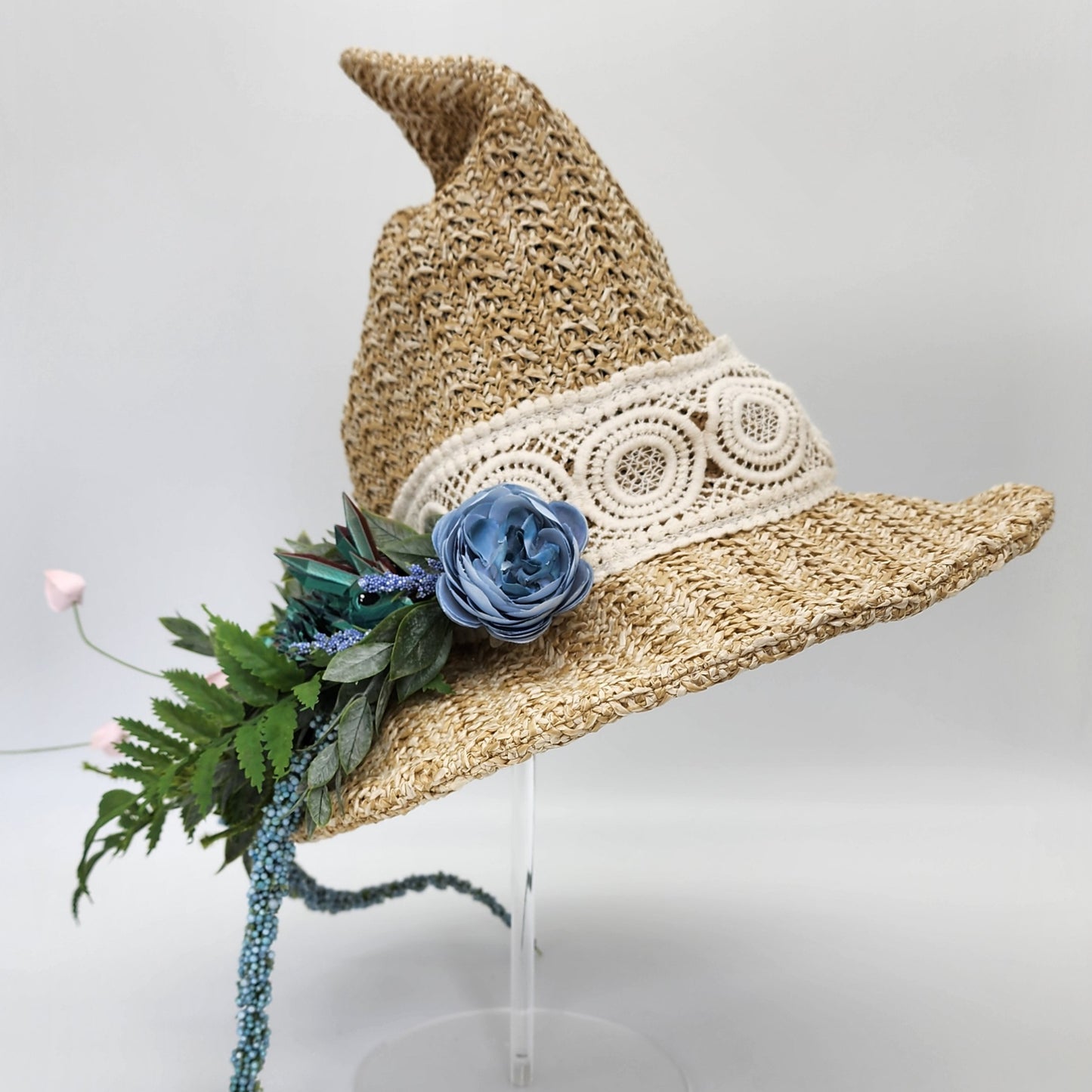S202- Straw witch hat with floral dragon decoration