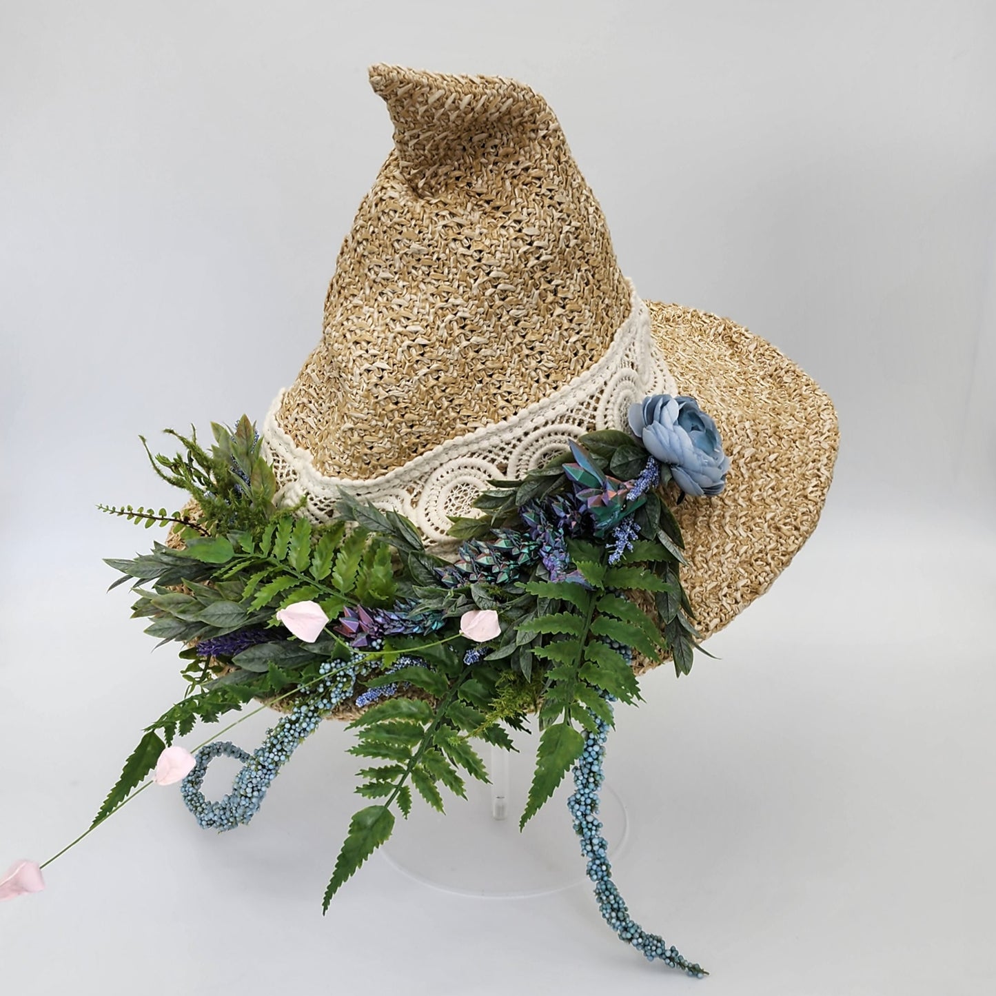 S202- Straw witch hat with floral dragon decoration