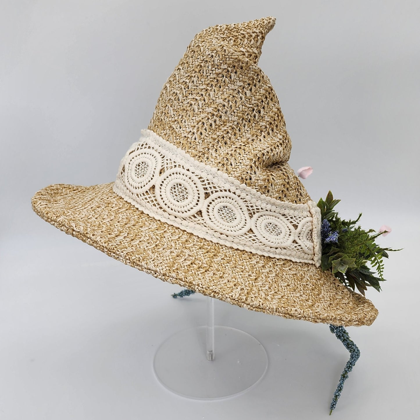 S202- Straw witch hat with floral dragon decoration