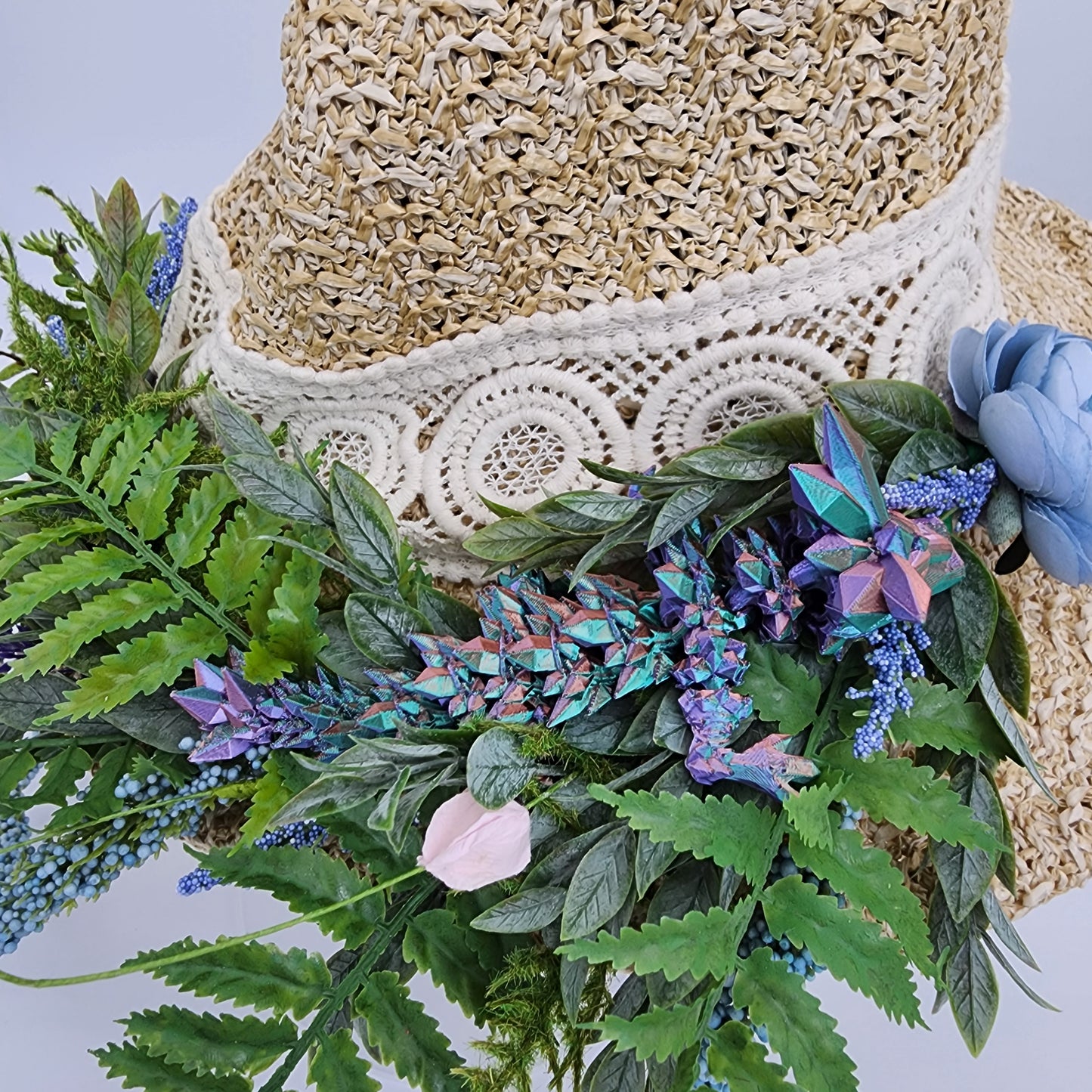 S202- Straw witch hat with floral dragon decoration