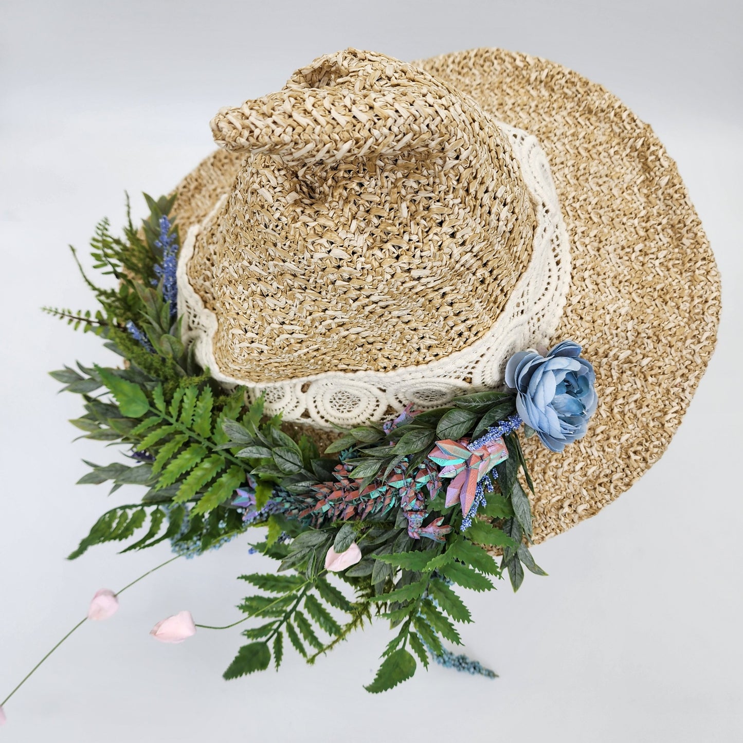 S202- Straw witch hat with floral dragon decoration