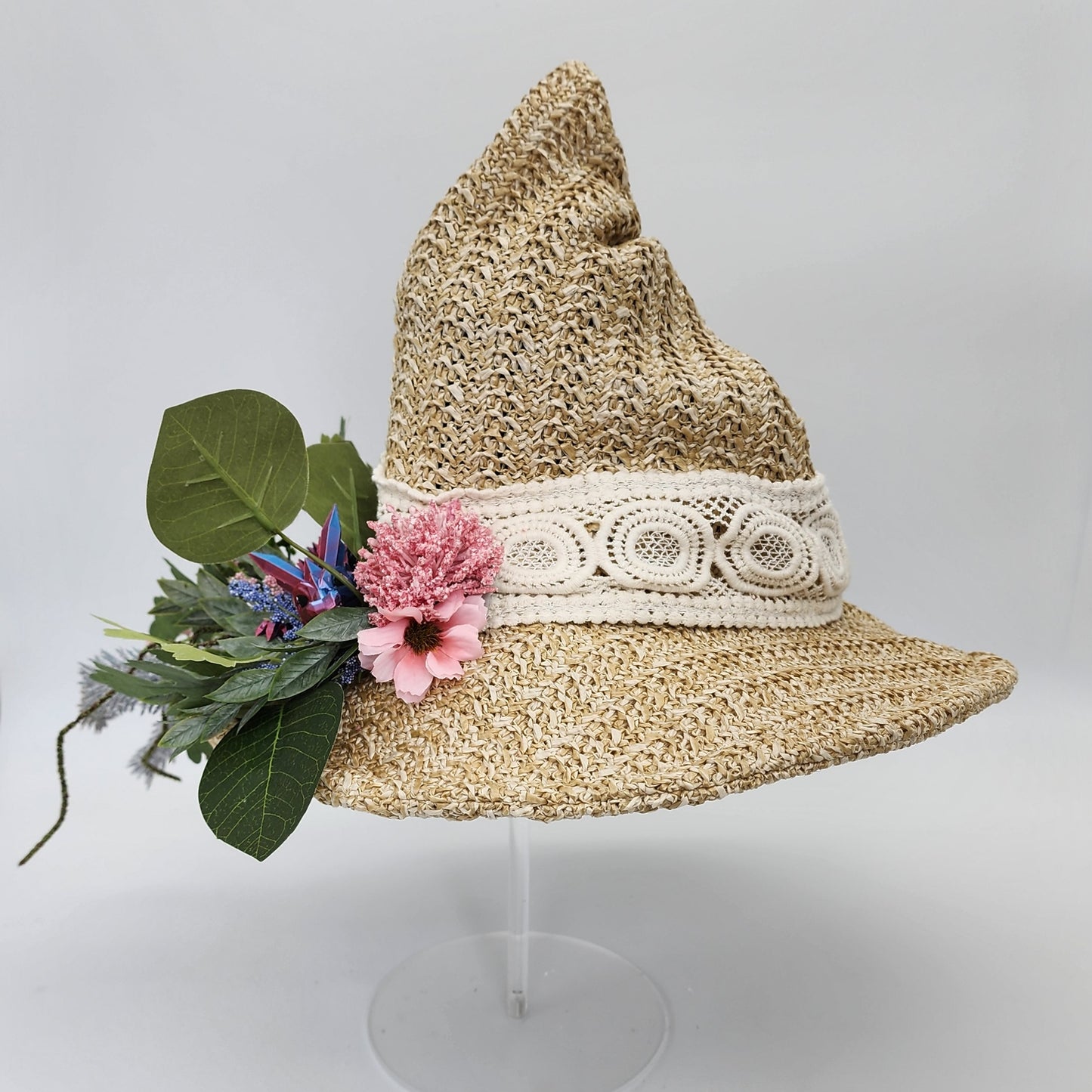 S203- Straw witch hat with floral dragon decoration