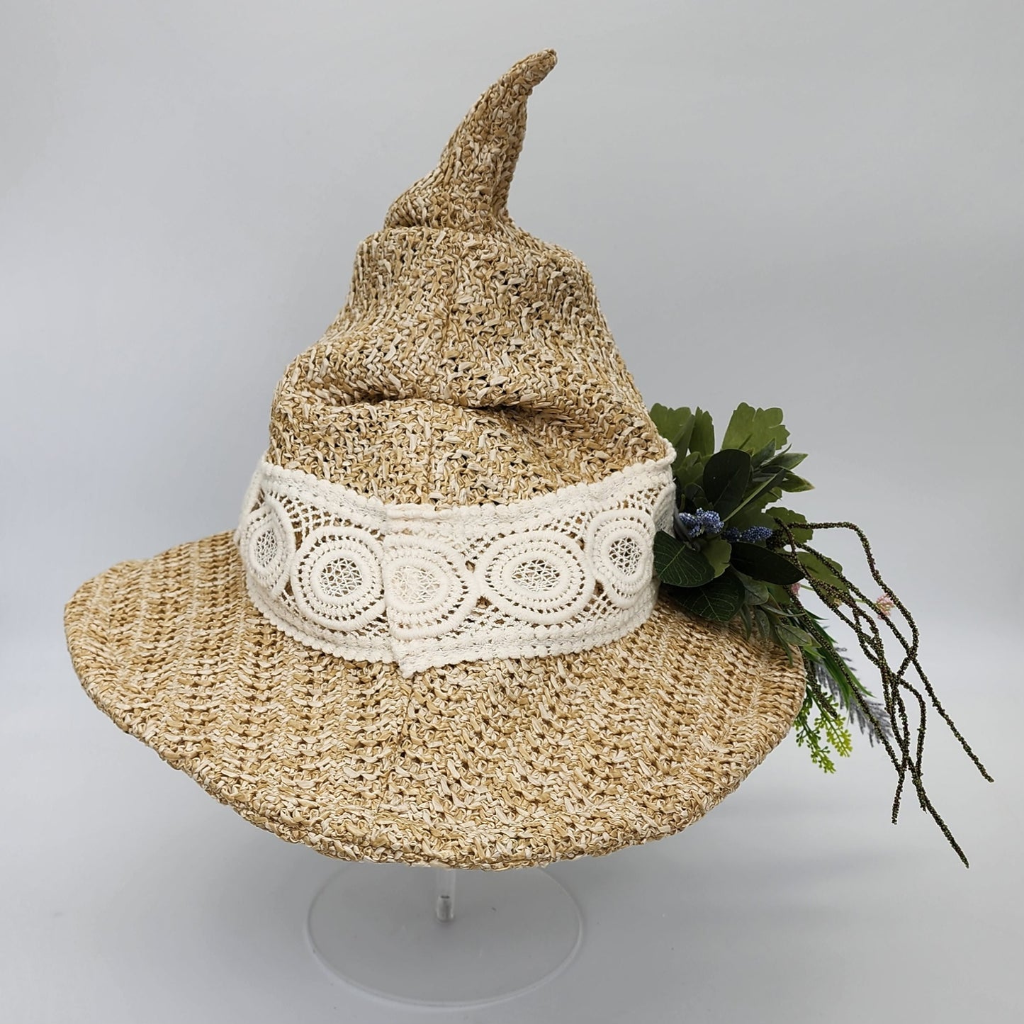 S203- Straw witch hat with floral dragon decoration