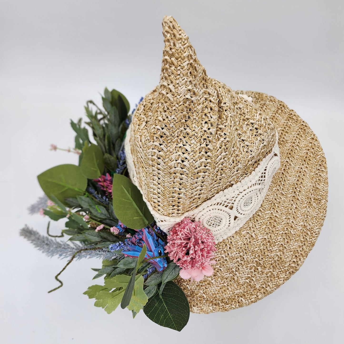 S203- Straw witch hat with floral dragon decoration
