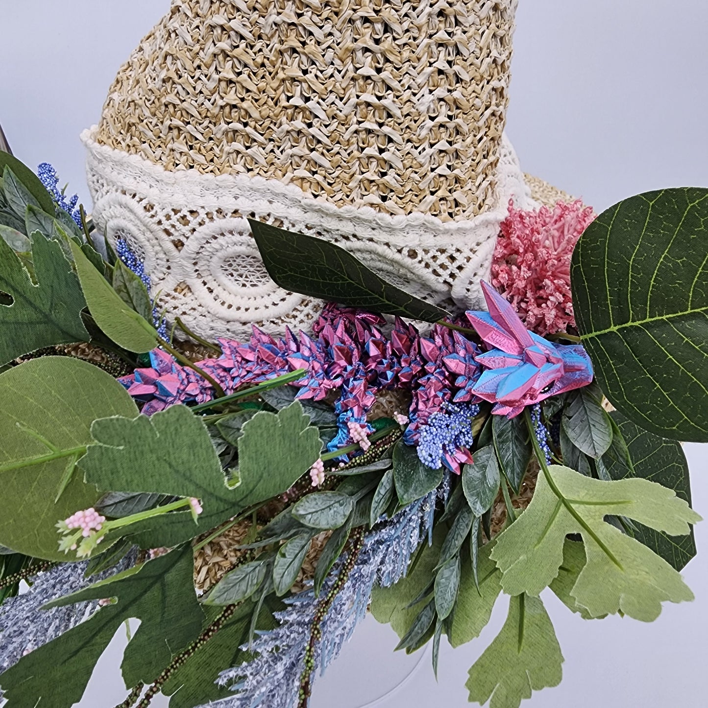 S203- Straw witch hat with floral dragon decoration