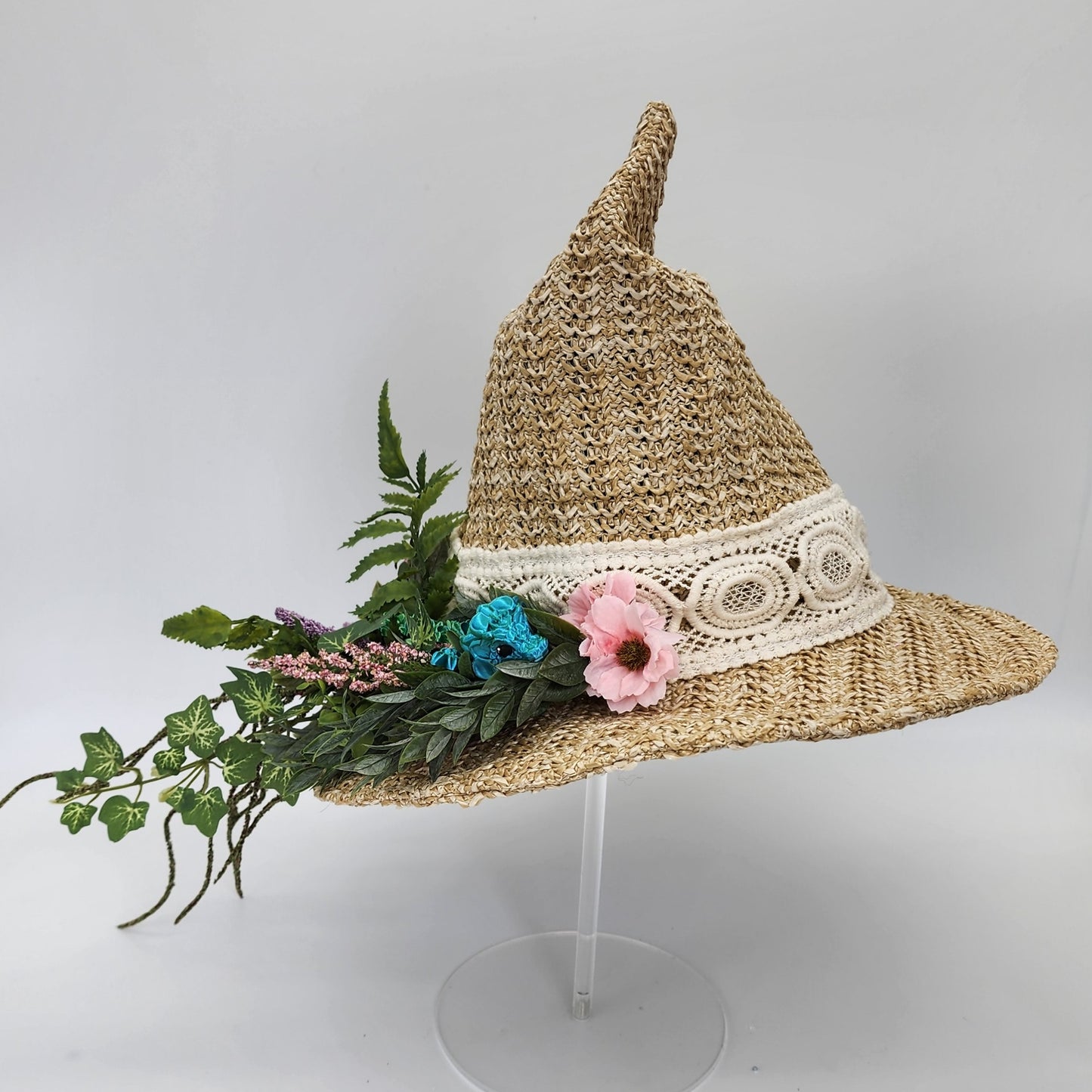 S204- Straw witch hat with floral dragon decoration
