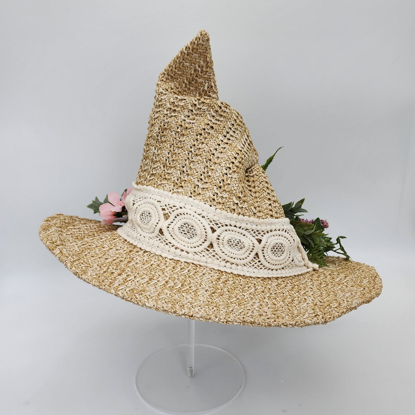 S204- Straw witch hat with floral dragon decoration