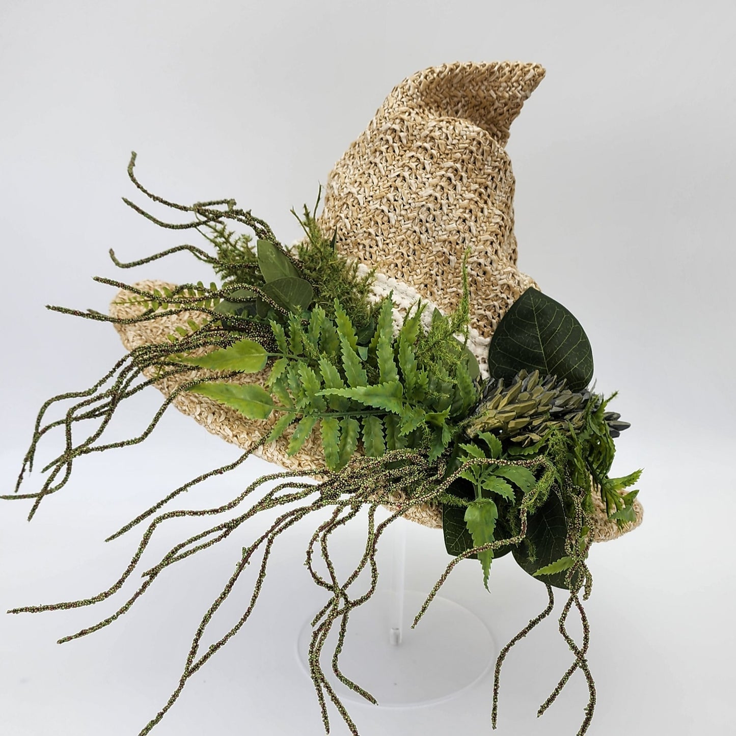 S205- Straw witch hat with floral dragon decoration