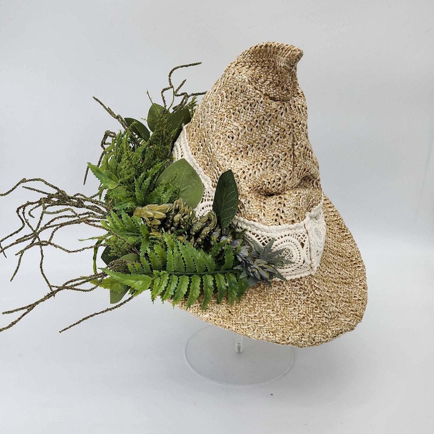 S205- Straw witch hat with floral dragon decoration