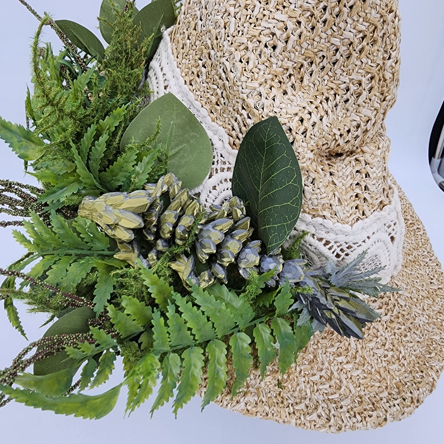 S205- Straw witch hat with floral dragon decoration