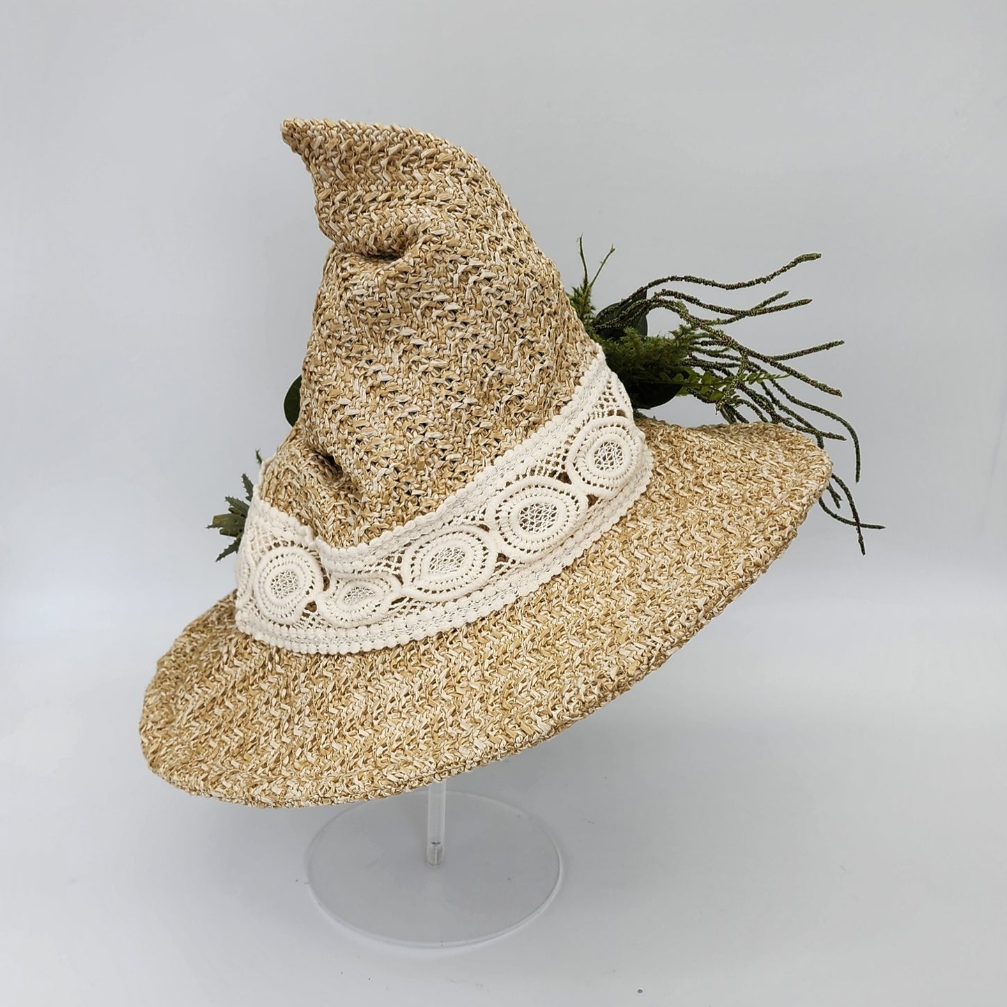 S205- Straw witch hat with floral dragon decoration