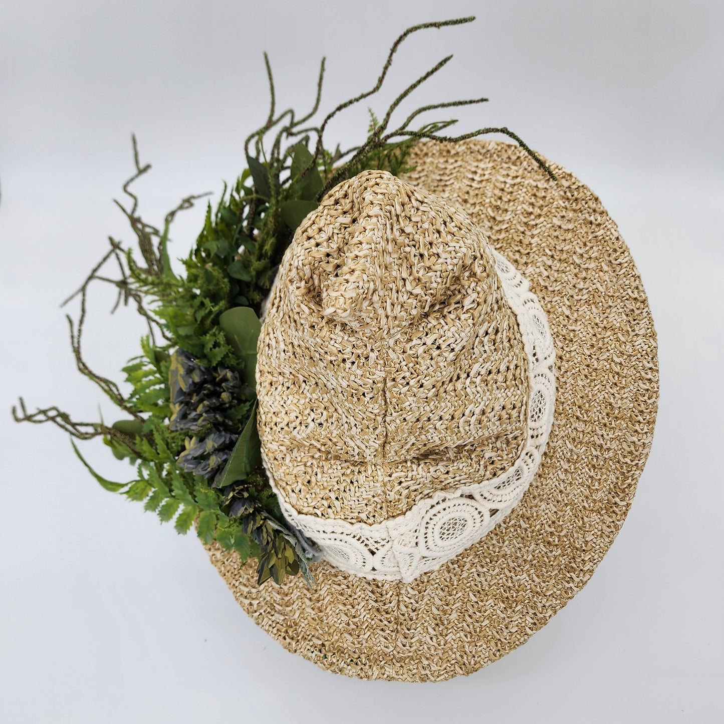 S205- Straw witch hat with floral dragon decoration
