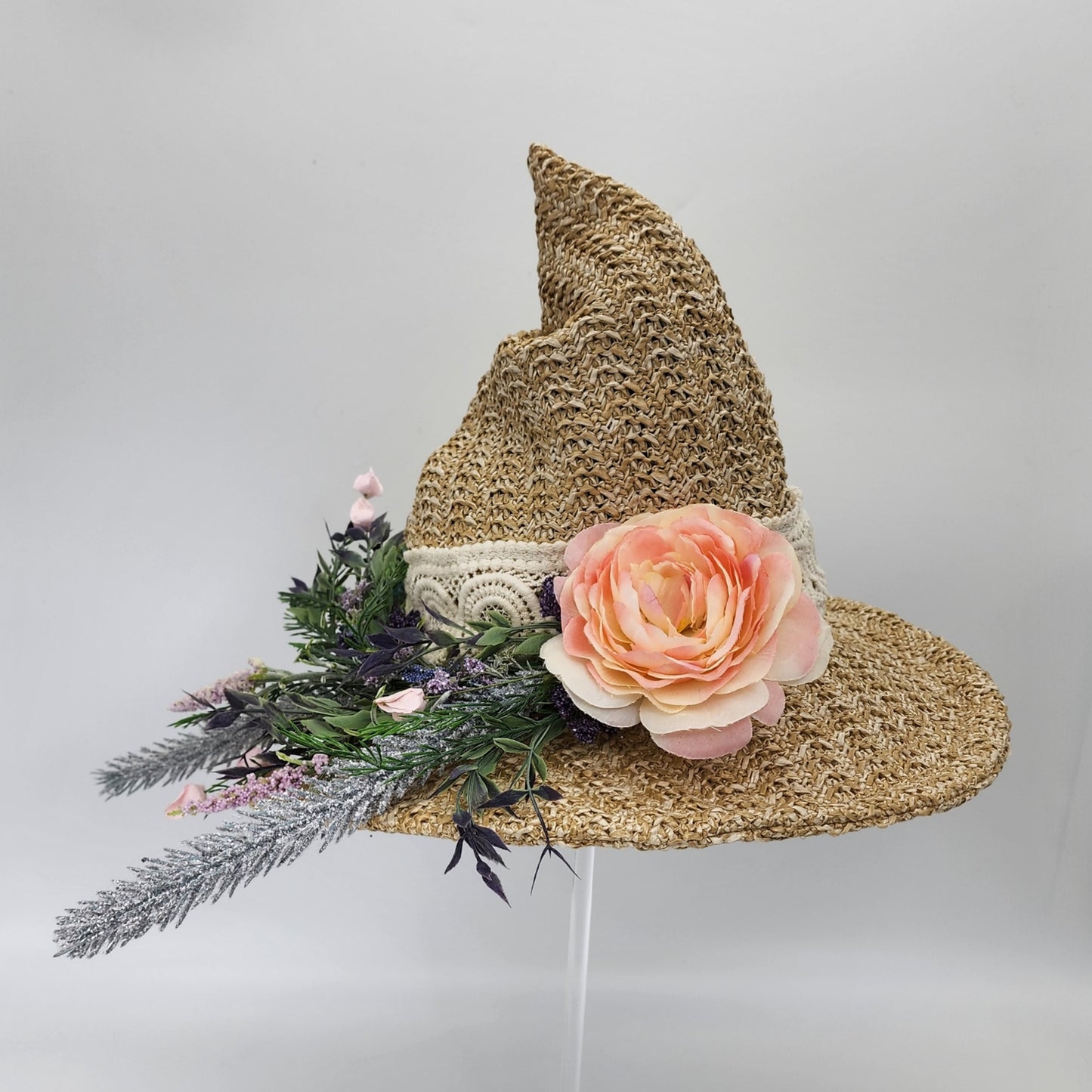 S207- Straw witch hat with floral decoration