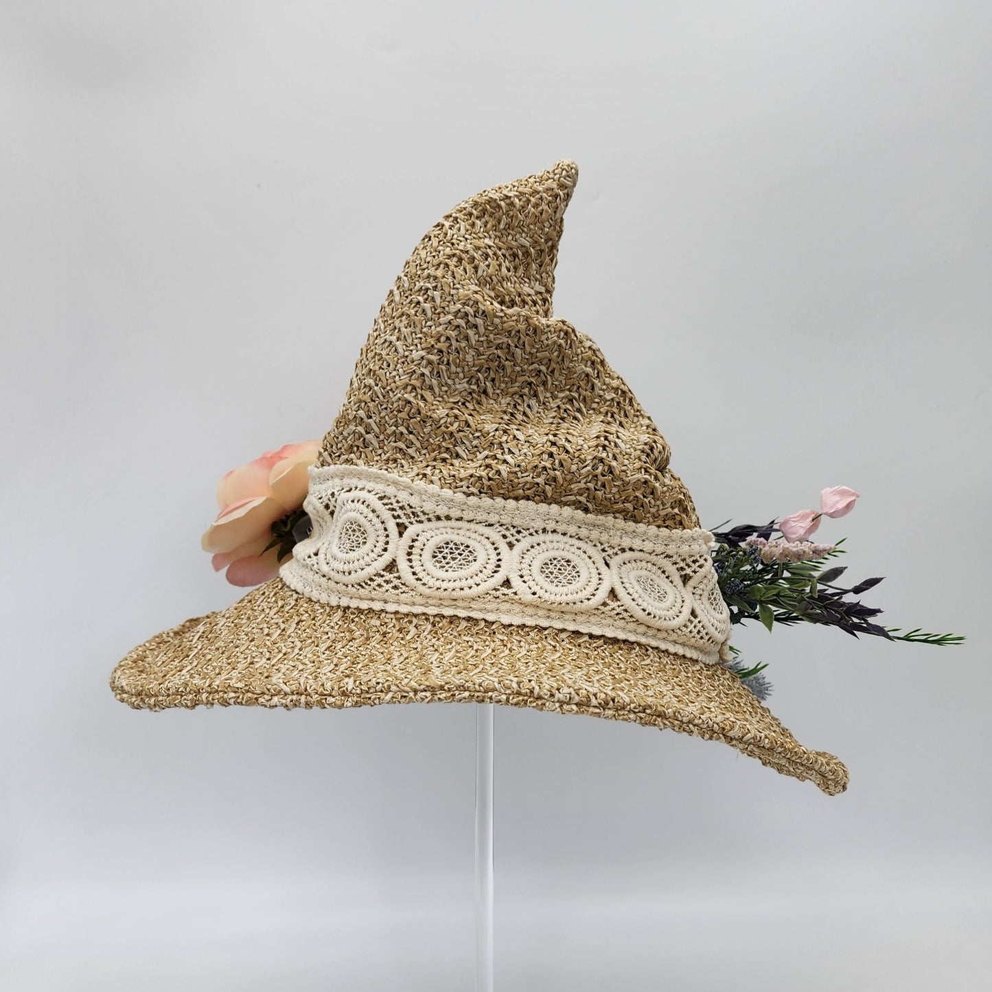 S207- Straw witch hat with floral decoration