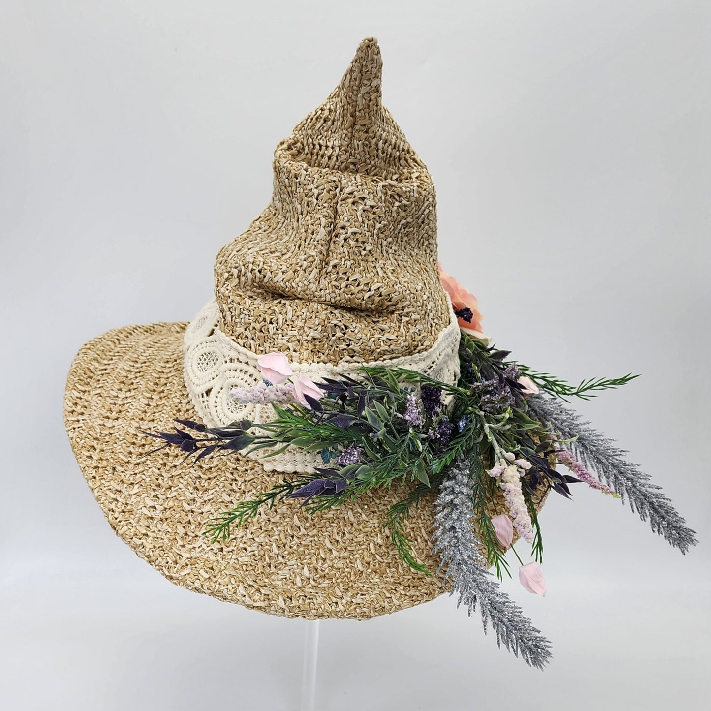 S207- Straw witch hat with floral decoration