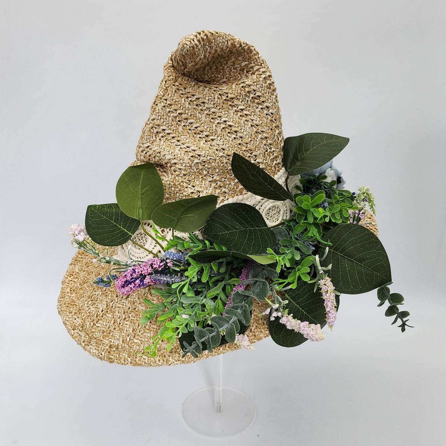 S209- Straw witch hat with floral decoration