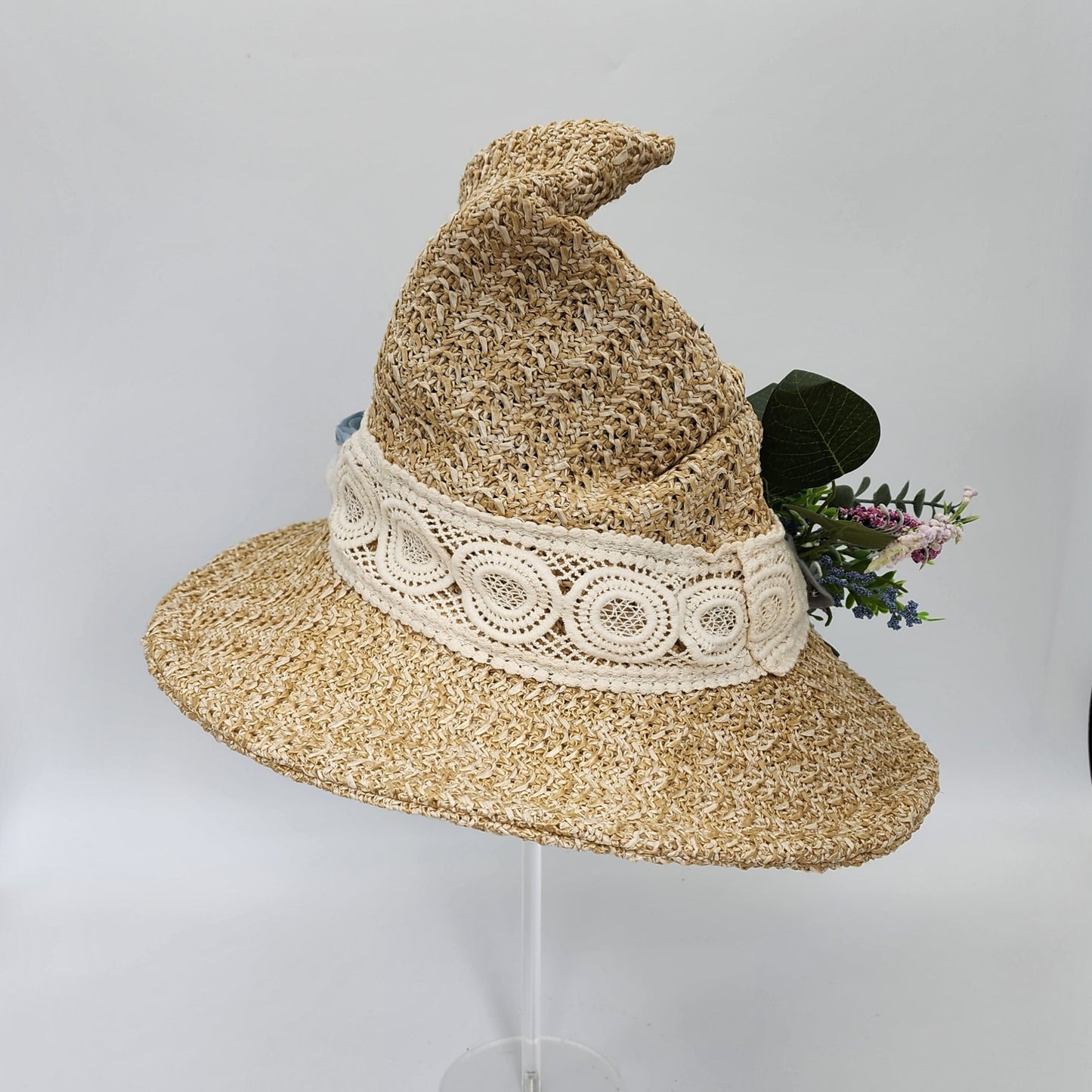 S209- Straw witch hat with floral decoration