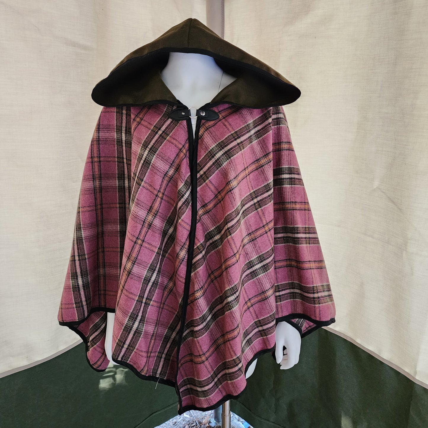 Apprentice Adventurer Cloak- Pink Plaid with Olive Hood