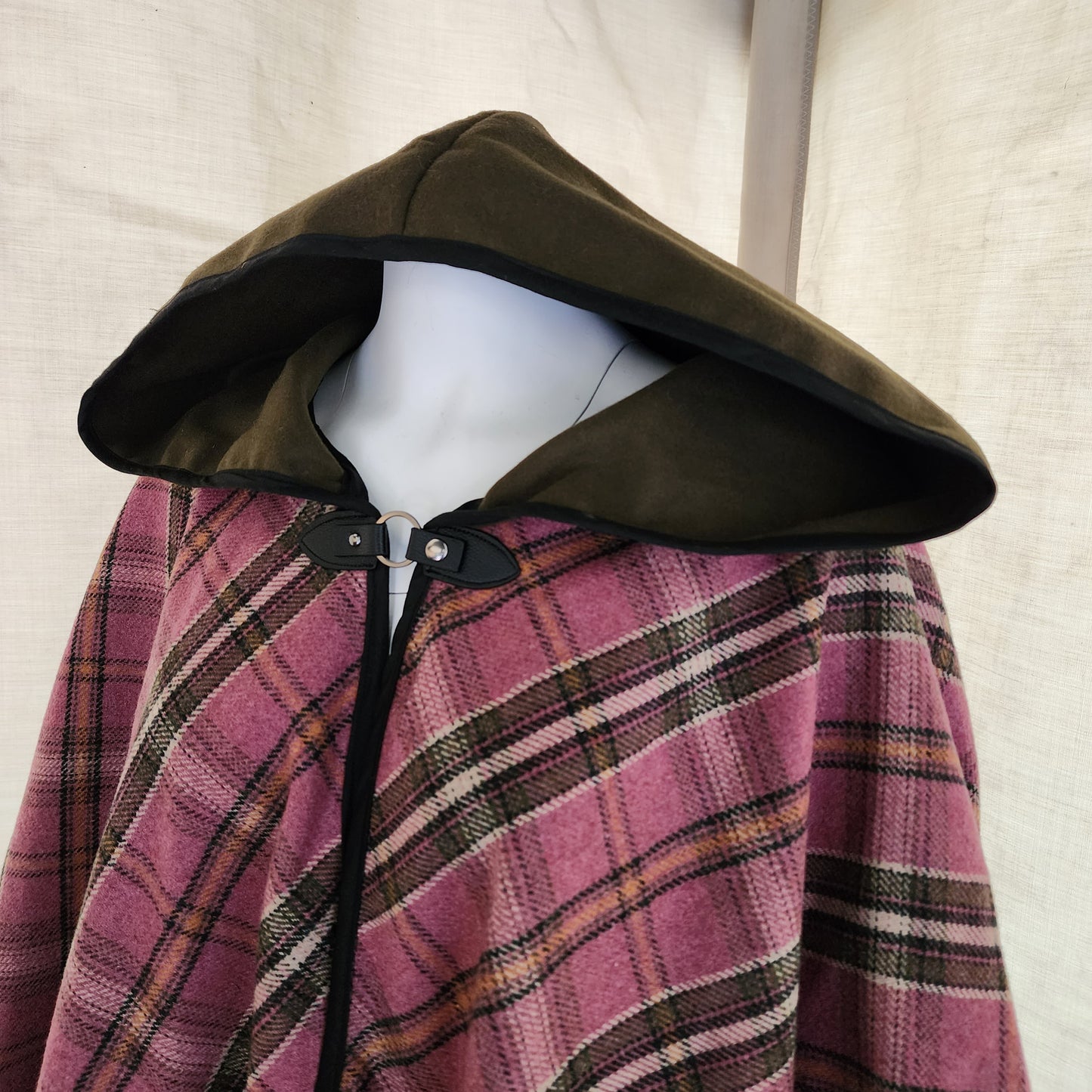 Apprentice Adventurer Cloak- Pink Plaid with Olive Hood