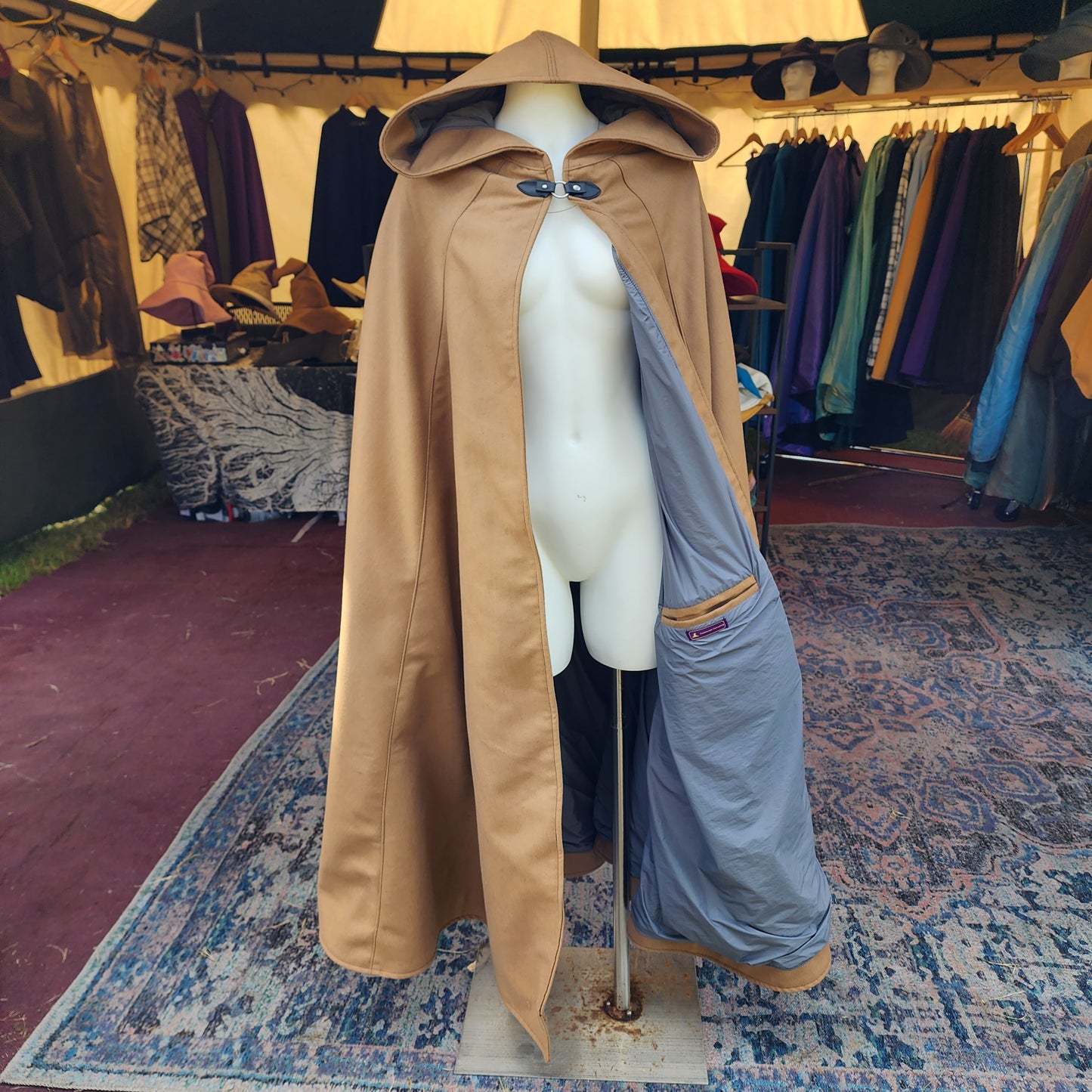 Winter Wanderer Cloak- Brown full circle cloak with Grey water resistant lining