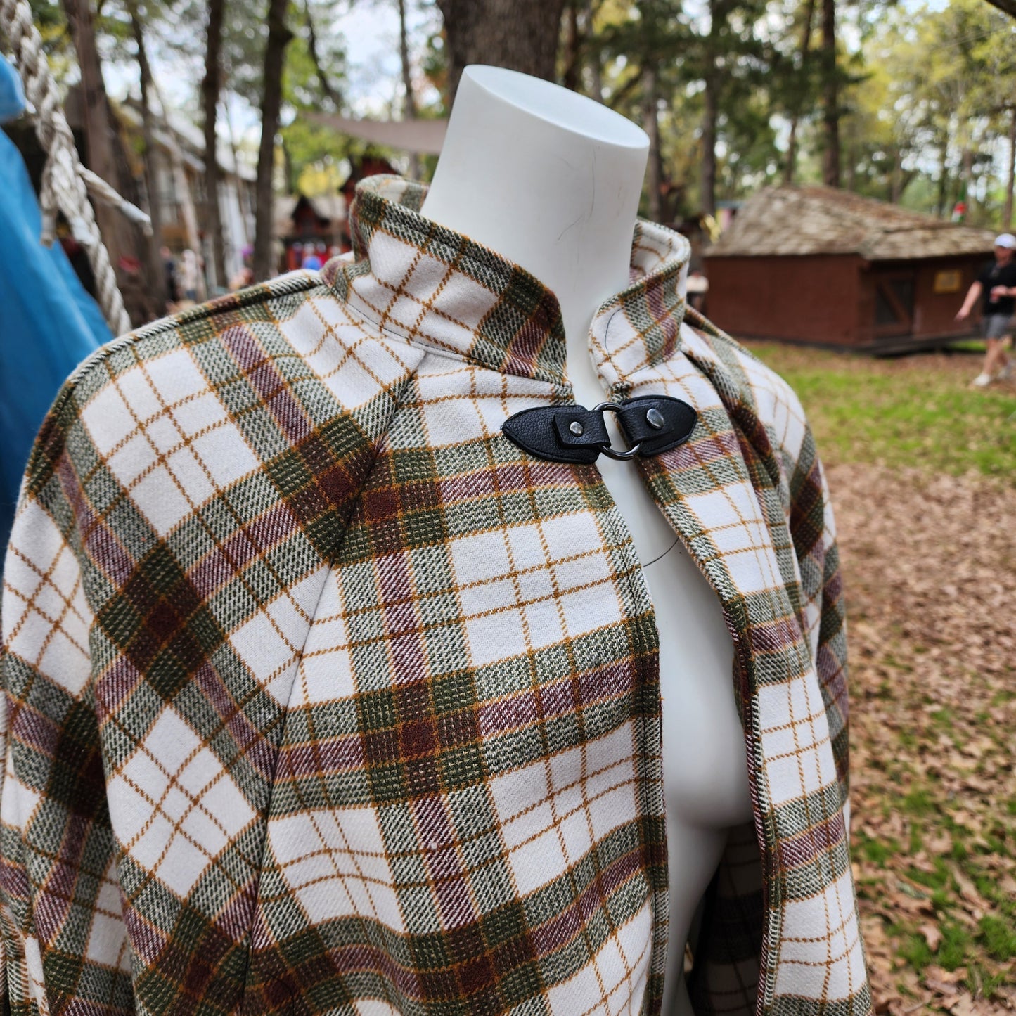 Market Day Cape- Green and Cream Plaid Wool Blend Mid-Length Cape with Collar and Arm Slits