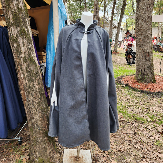 Market Day Cape- Grey Mid-Length Cape with Collar and Arm Slits