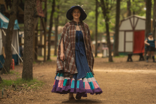Market Day Cape- Brown Plaid Wool Blend Mid-Length Cape with Collar and Arm Slits