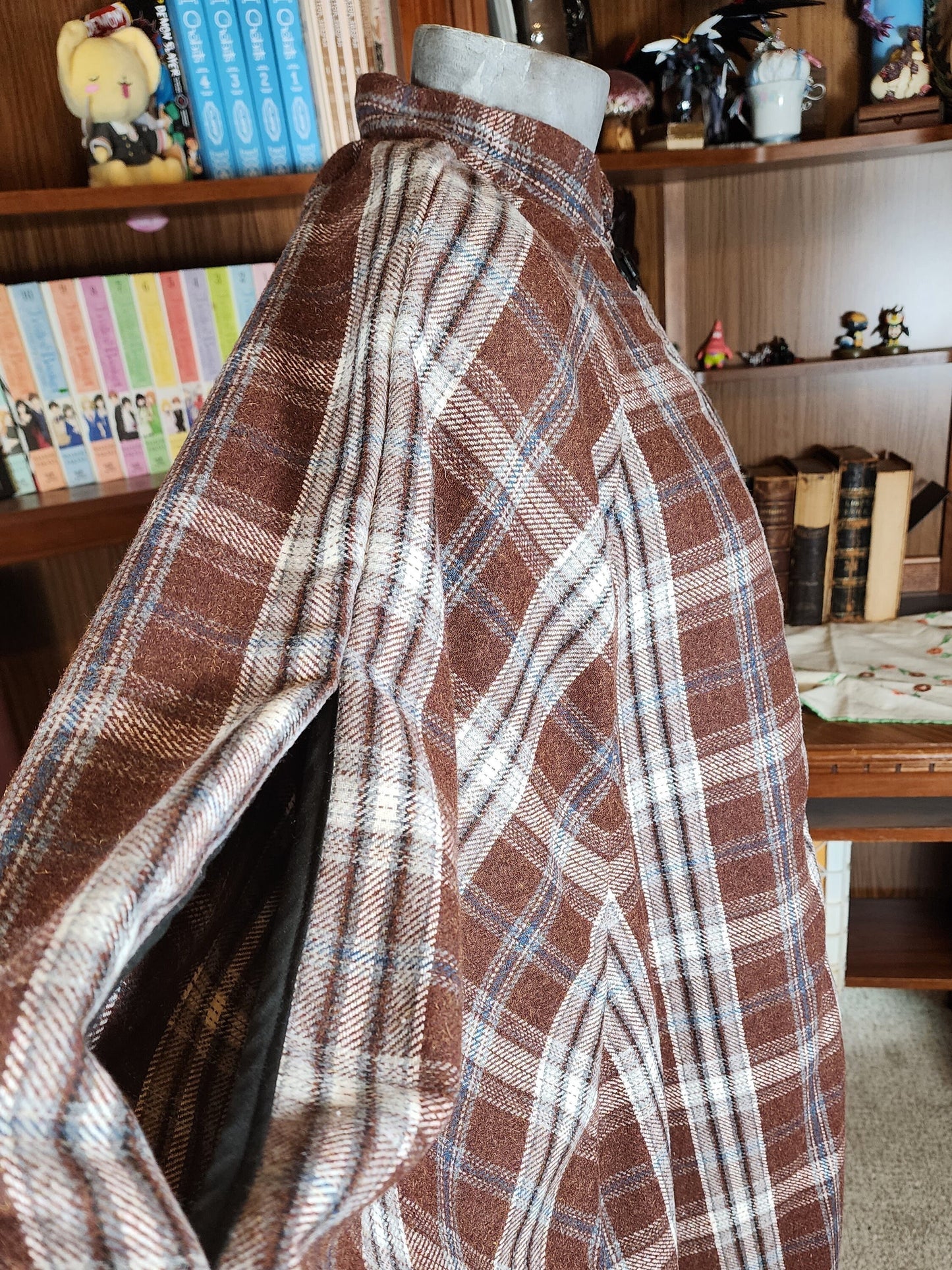 Market Day Cape- Brown Plaid Wool Blend Mid-Length Cape with Collar and Arm Slits