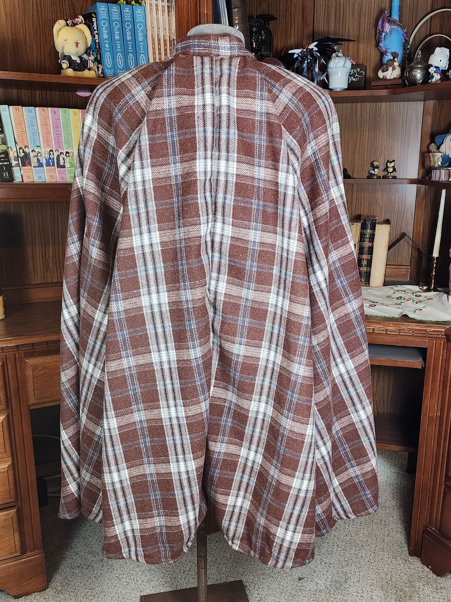 Market Day Cape- Brown Plaid Wool Blend Mid-Length Cape with Collar and Arm Slits
