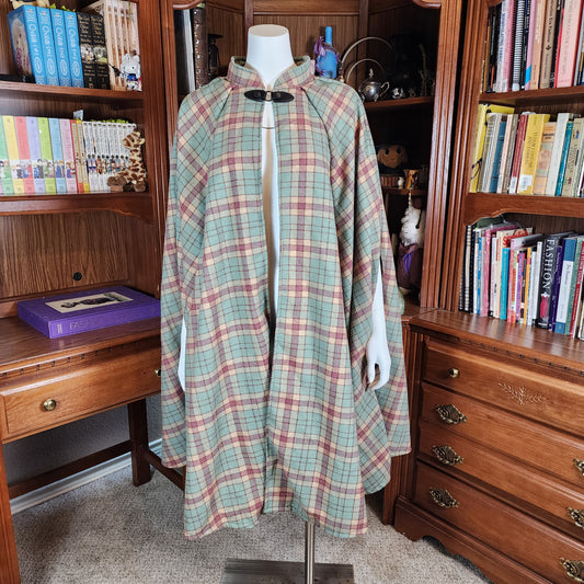Market Day Cape- Sage Plaid Wool Blend Mid-Length Cape with Collar and Arm Slits