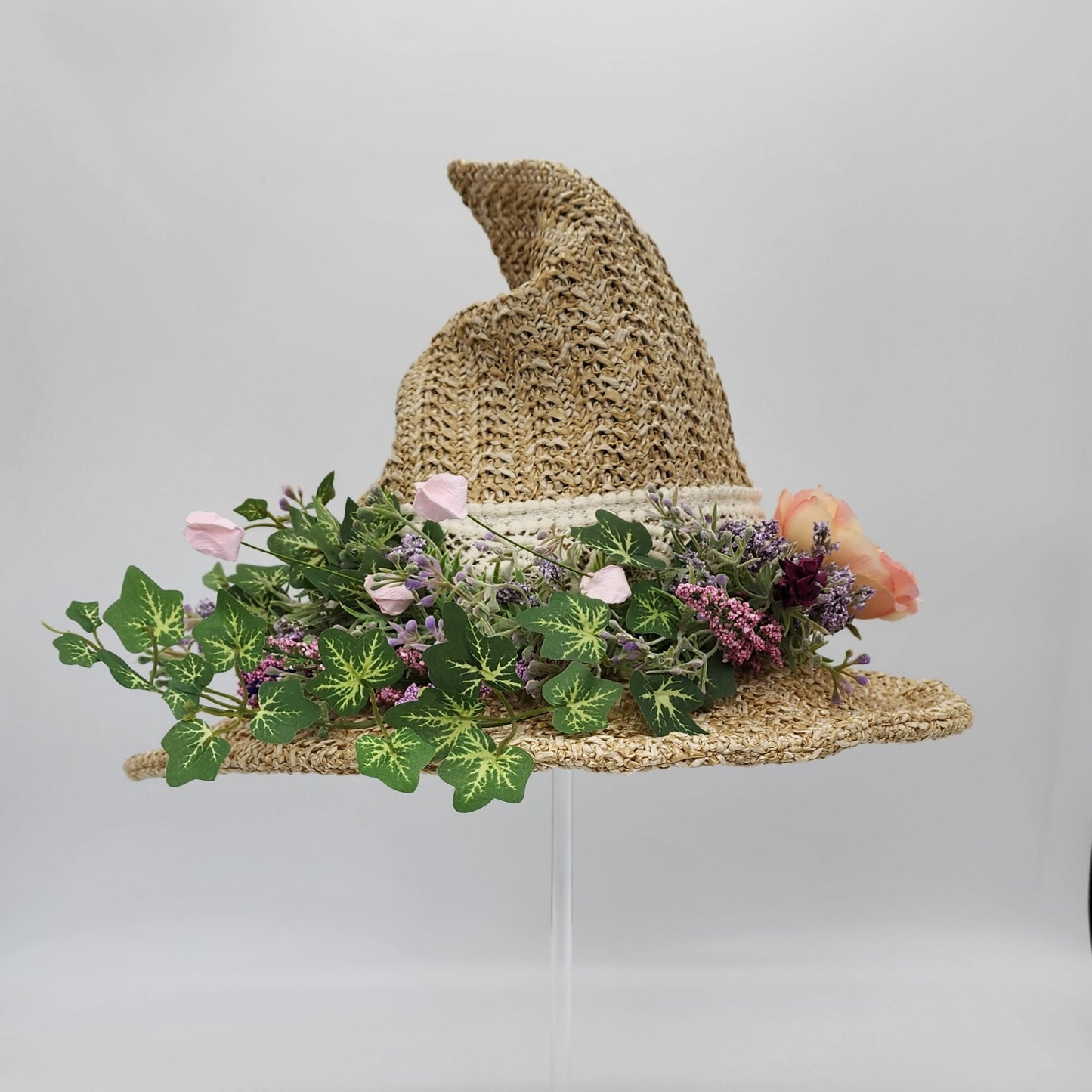 S201- Straw witch hat with floral decoration