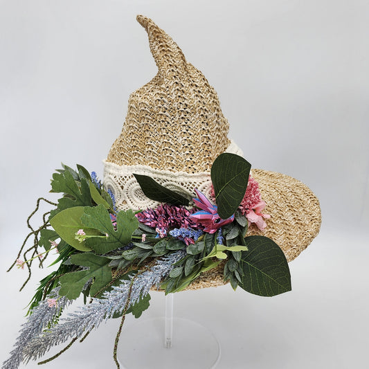 S203- Straw witch hat with floral  dragon decoration
