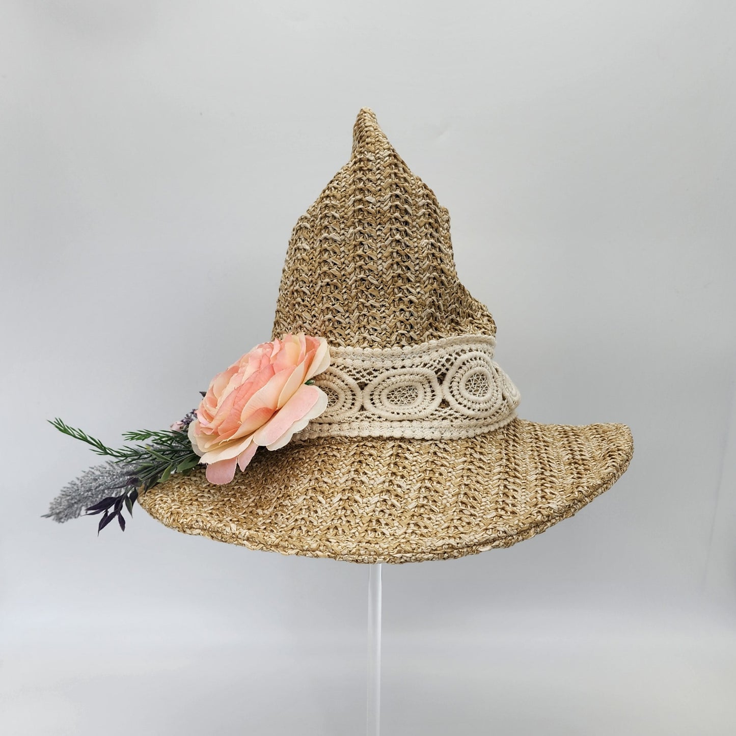 S207- Straw witch hat with floral decoration