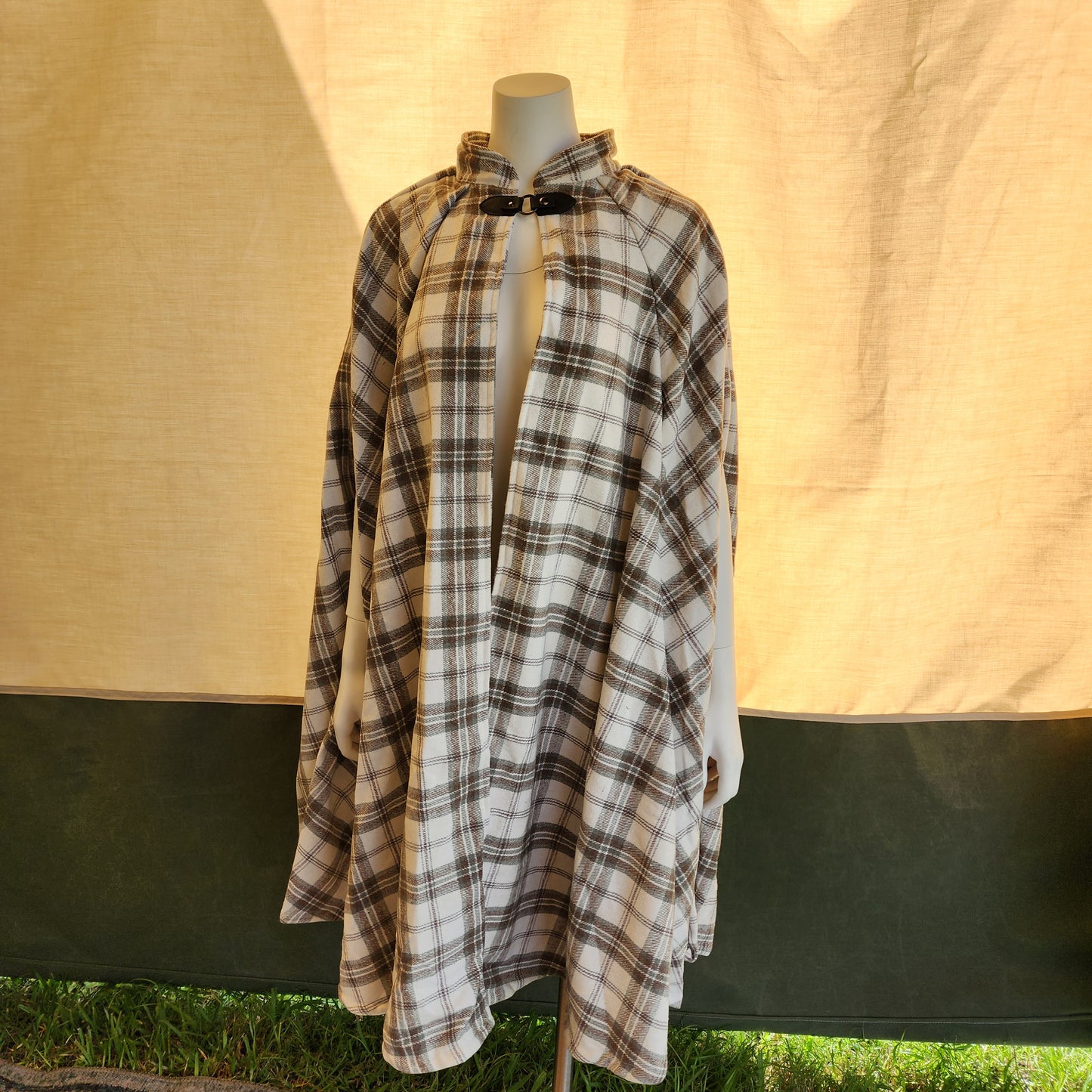 Market Day Cape- Cream Plaid Wool Blend Mid-Length Cape with Collar and Arm Slits