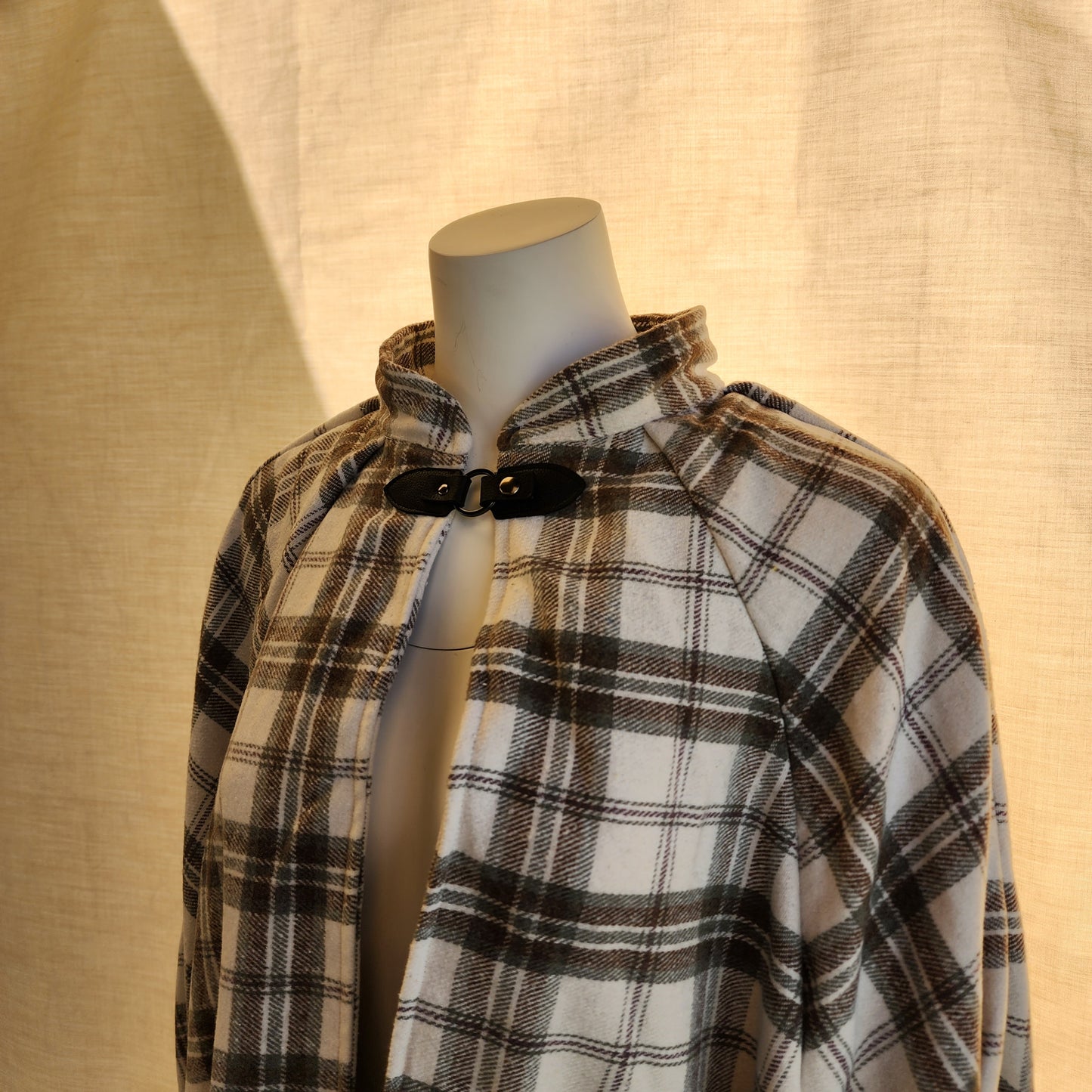 Market Day Cape- Cream Plaid Wool Blend Mid-Length Cape with Collar and Arm Slits