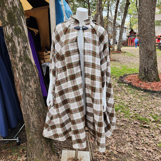 Market Day Cape- Green and Cream Plaid Wool Blend Mid-Length Cape with Collar and Arm Slits