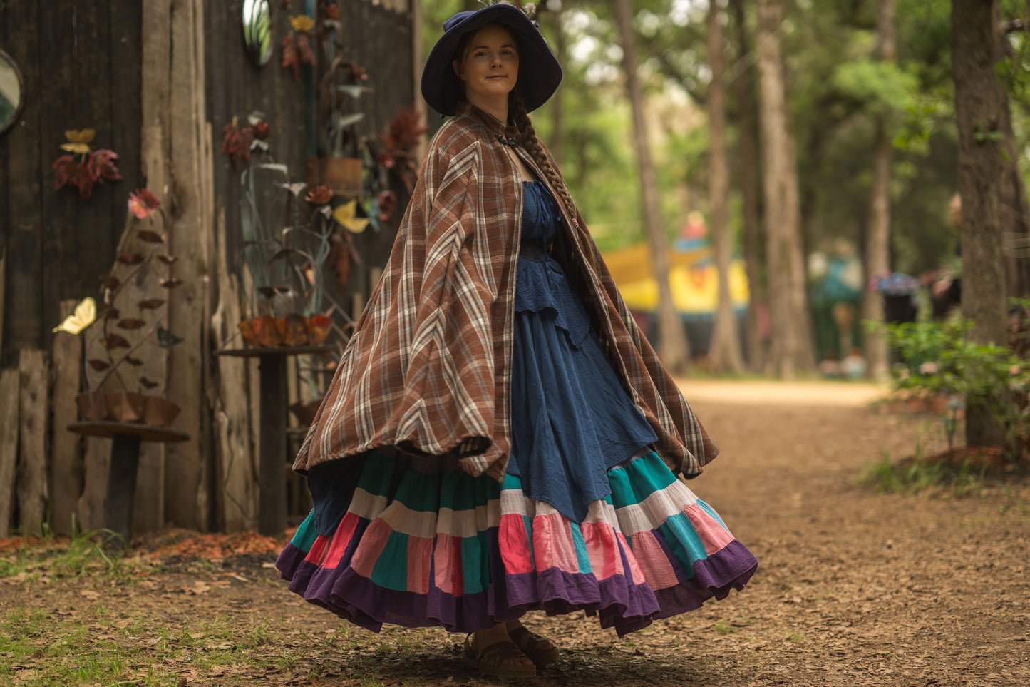 Market Day Cape- Brown Plaid Wool Blend Mid-Length Cape with Collar and Arm Slits