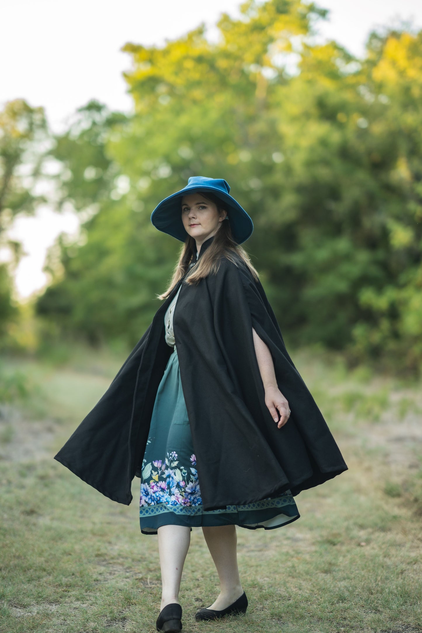 Market Day Cape- Black Mid-Length Cape with Collar and Arm Slits