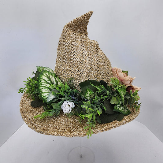 Floral Straw Witch Hat