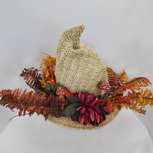Fall Florals and Mushrooms Straw Witch Hat