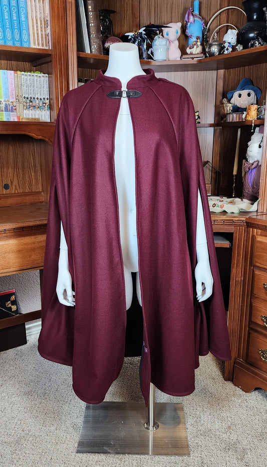 Market Day Cape- Burgundy Mid-Length Cape with Collar and Arm Slits