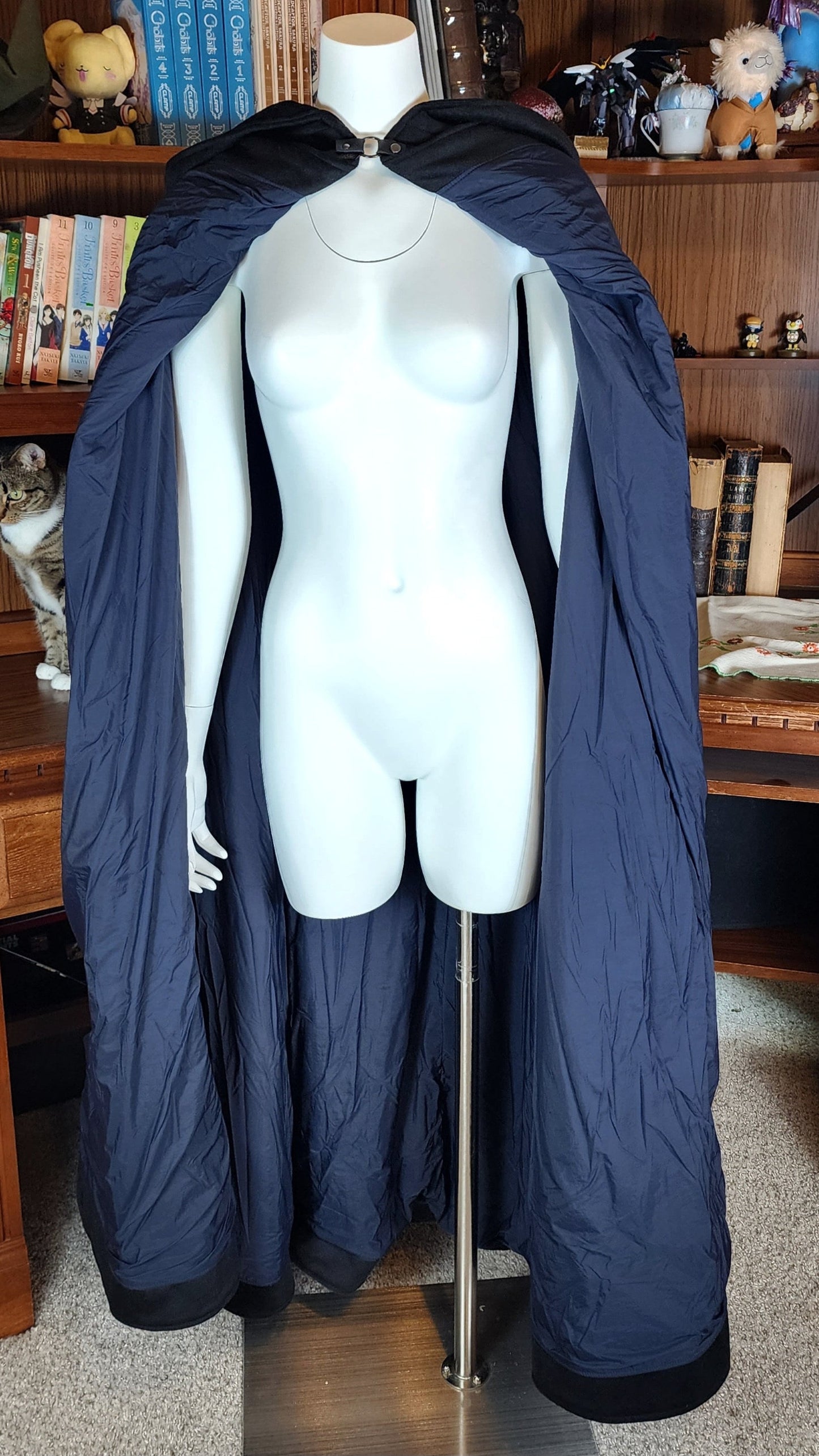 Winter Wanderer Cloak- Black cloak with Navy water resistant lining