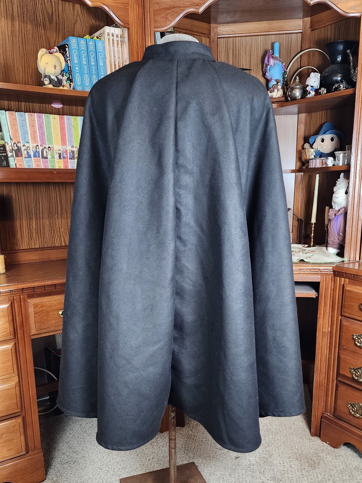 Market Day Cape- Black Mid-Length Cape with Collar and Arm Slits
