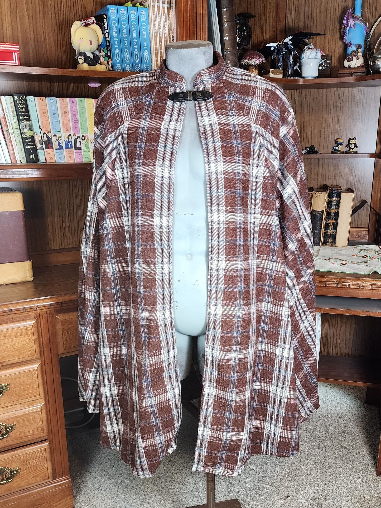 Market Day Cape- Brown Plaid Wool Blend Mid-Length Cape with Collar and Arm Slits