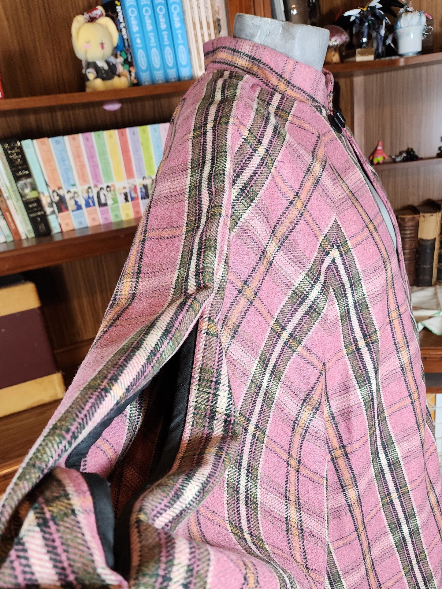 Market Day Cape- Pink Plaid Wool Blend Mid-Length Cape with Collar and Arm Slits