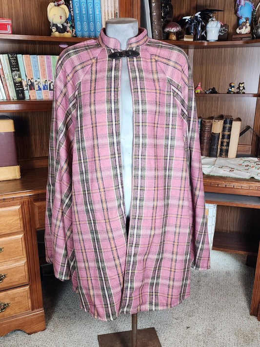 Market Day Cape- Pink Plaid Wool Blend Mid-Length Cape with Collar and Arm Slits